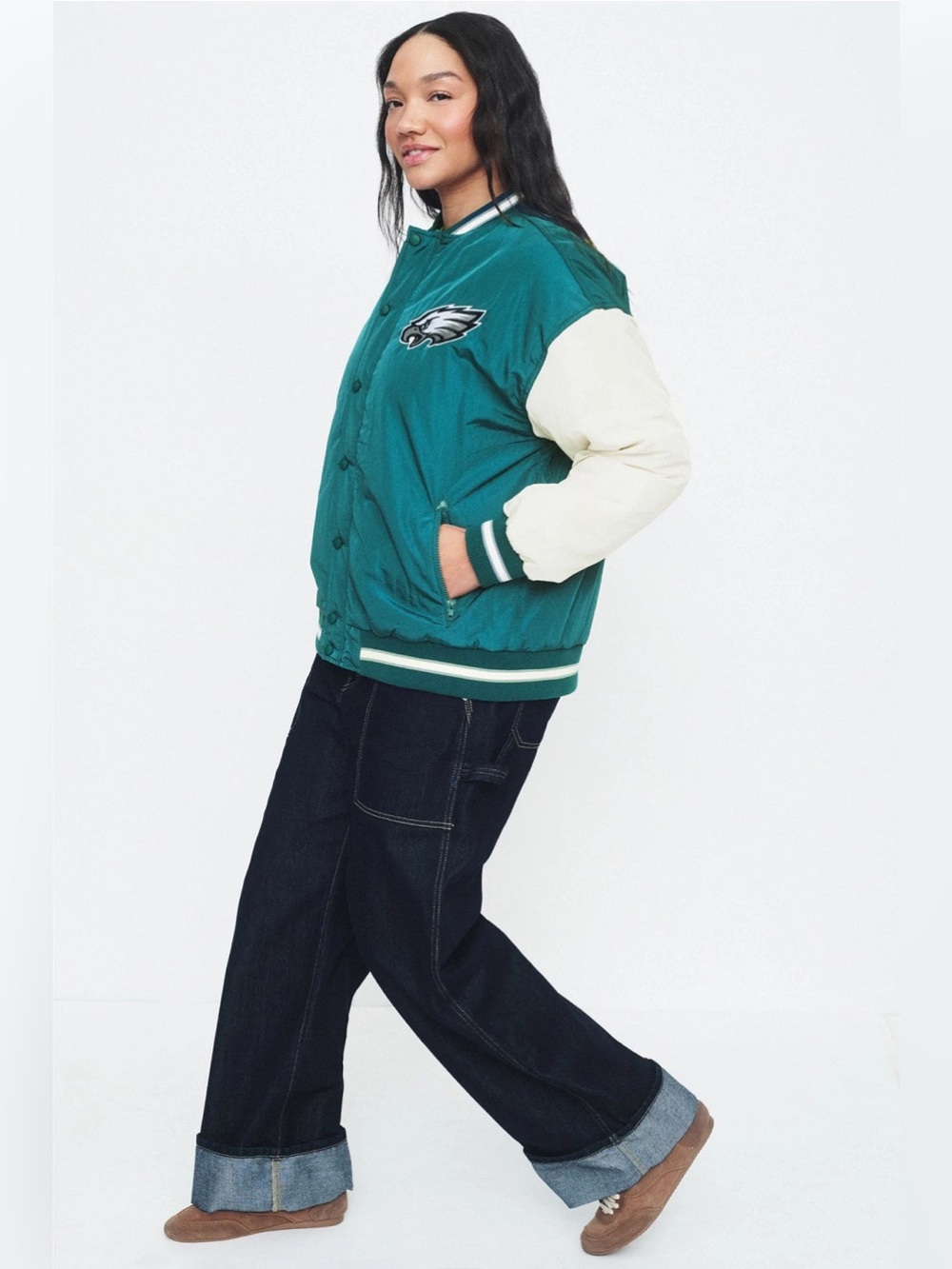 New! Terez  EAGLES Bomber Varsity Jacket 🦅🏈 Large Eagles Midnight Green + Sugar - Picture 9 of 12